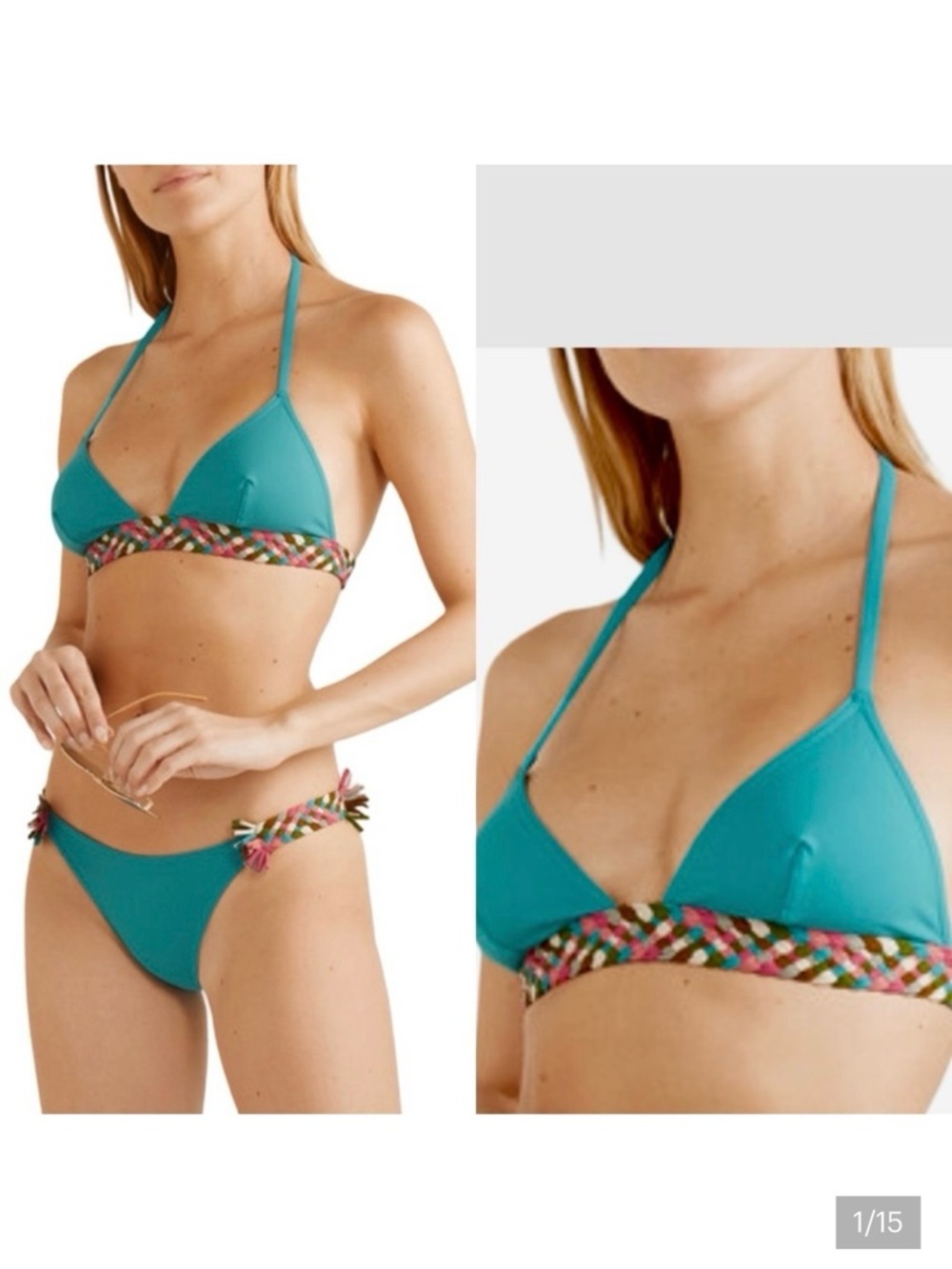 NWT ERES “Mambo Poncho” Braid Fringe Trimmed Triangle Bikini Top Turquoise 42/10